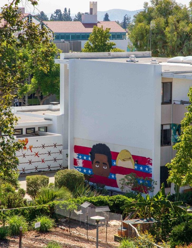 an aerial view of the Pitzer Student Garden and Free wall. 